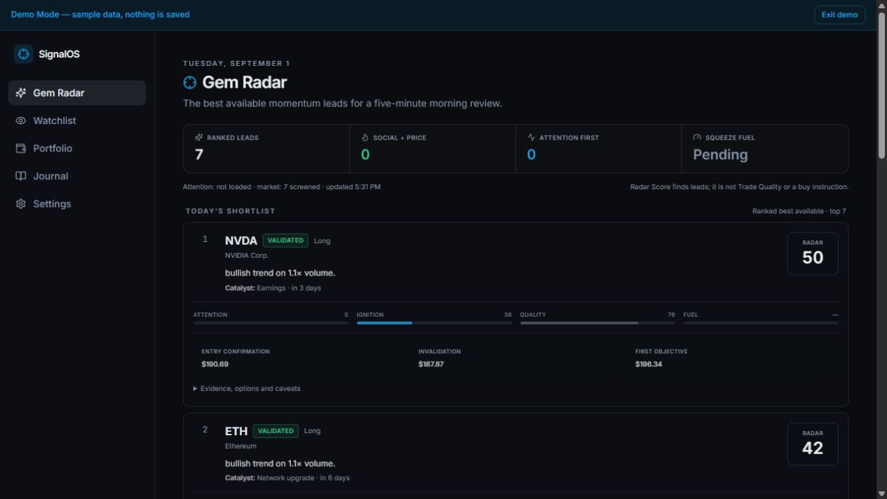 SignalOS opportunity radar and evidence evaluation interface