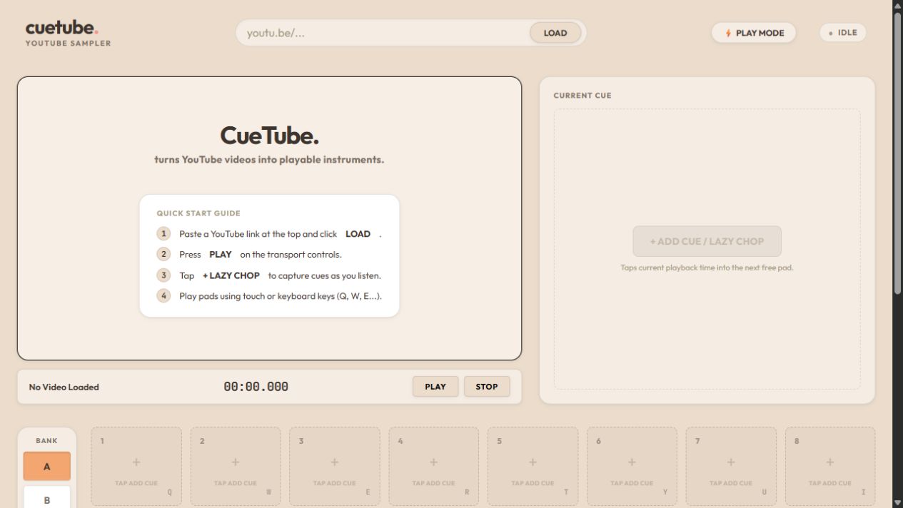 CueTube's current empty state with YouTube URL loading, a quick-start guide, cue capture area, Performance Mode control, and the first bank of touch and keyboard pads.