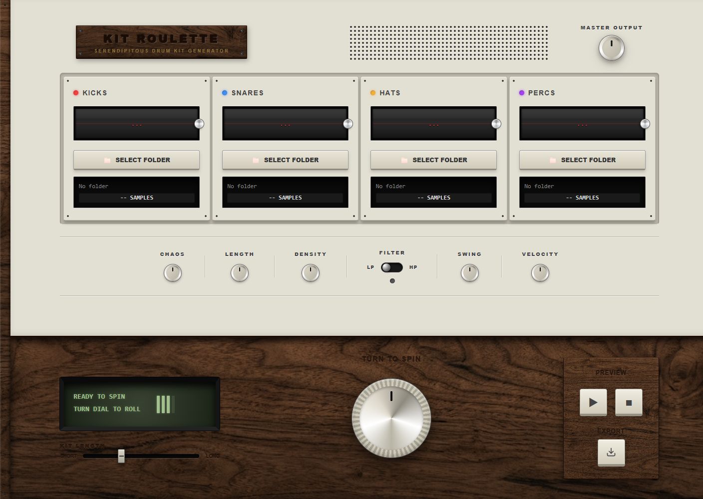 Kit Roulette's current default interface with woodgrain and brushed-metal surfaces, four empty local-sample areas, hardware-style controls, a large central dial, preview controls, and export control.