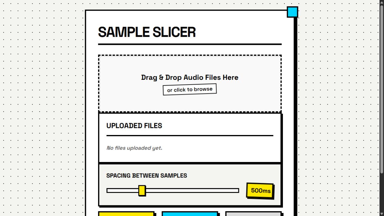 Sample Splicer's current empty state showing audio-file upload, an ordered files area, spacing control, and preview and output actions below the visible frame.